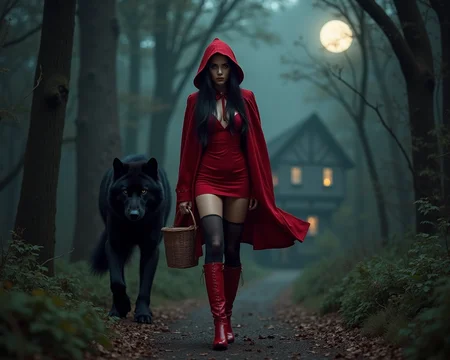 full body view raw photo of a stunningly beautiful seductive 18 yr old overly sexualized red riding hood, solo, nicely shaped legs with knee high red leather boots, black stocking, red mini-skirt, slim hips, slim waist, realistic long black hair, perky tiny breasts, large round eyes, flat chested, top hard light, creepy dark forest scene with full moon, highly detailed, looking at viewer, sexy walking through forest, carrying a picnic basket, old english cottage in background, walking beside a huge black wolf