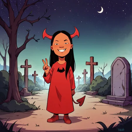 score_9, score_8up, score_7up, score_6up, solo, 1girl, Connie S KOTH, dark skin, black eyes, long hair, black hair, cowboy shot,
smug grin, big mouth, half-closed eyes, flat chest, short stack, standing, candy on the ground, full body, devil costume, devil horns, devil tail, peace sign, perfect hands, perfect eyes,
outdoors, graveyard, tombstones, dead trees, starry night sky, fog, Halloween, leaning back, looking at viewer,