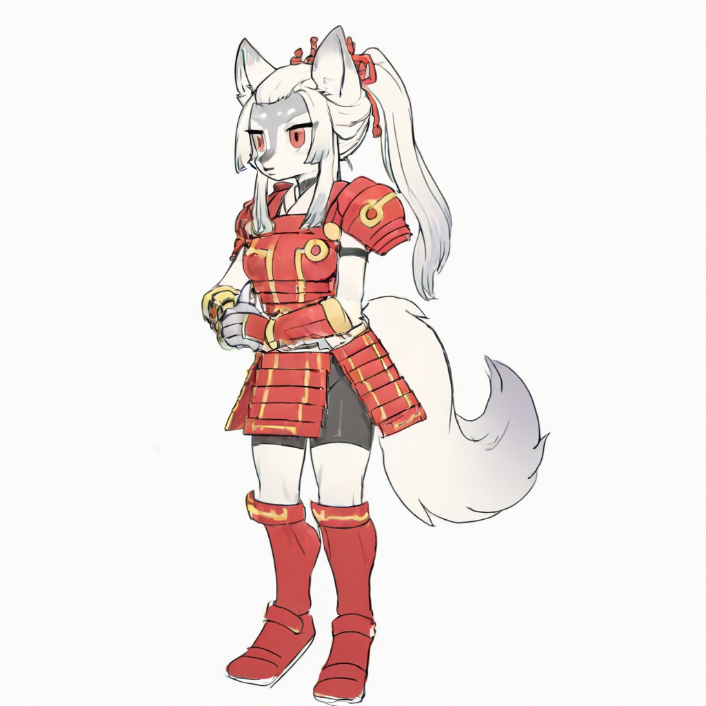 H4kur0,1girl,solo,furry,furry female,wolf girl,white hair,long sidelocks,bangs pinned back,ponytail,red eyes,snout,animal nose,body fur,two-tone fur,grey fur,white fur,wolf tail, red shoulder armor, red breastplate, white shirt, red armored gloves, black shorts, red armored skirt, red armored knee boots,