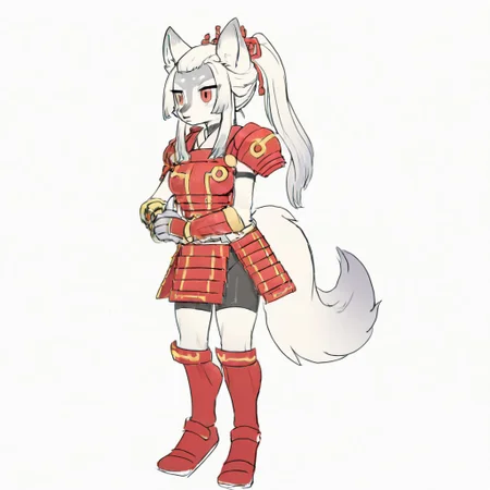 H4kur0,1girl,solo,furry,furry female,wolf girl,white hair,long sidelocks,bangs pinned back,ponytail,red eyes,snout,animal nose,body fur,two-tone fur,grey fur,white fur,wolf tail, red shoulder armor, red breastplate, white shirt, red armored gloves, black shorts, red armored skirt, red armored knee boots,