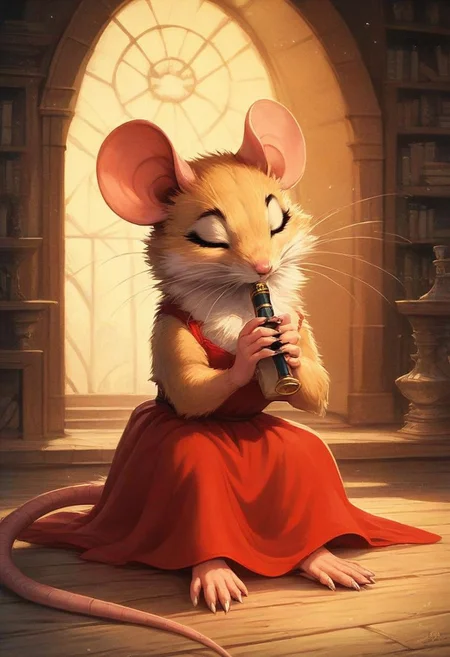 score_9, score_8_up, score_8, solo, fluffy, (feral), indoors, toes, furry, (((mouse))), female, blue eyes, yellow fur, chest, claws, (fluffy cheeks:0.7), (red dress), in the style of beatrix potter, playing flute, sitting, (eyes closed), (solo:2)