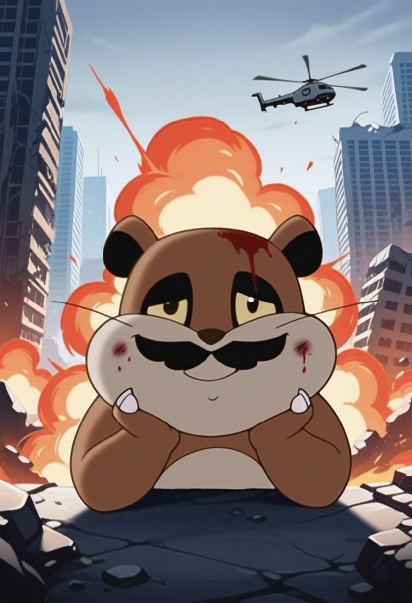 1other, animal focus, portrait, long sideburns, bruise on face, blood, looking at viewer, (thick mustache:1.3), long sideburns, old, beard, closed mouth, smile, clenched hand, head rest, bruised eye, ruins, skyscraper, helicopter, fire, explosion,
BREAK
xiaozhuxiong, creature, brown body, black ears, puffy cheeks, yellow eyes, claws, whiskers,
BREAK
best quality, masterpiece, very aesthetic, absurdres, highest detailed, very awa, <lora:xiaozhuxiong_from_The_Legend_Of_Nezha_v1.0-000039:1>