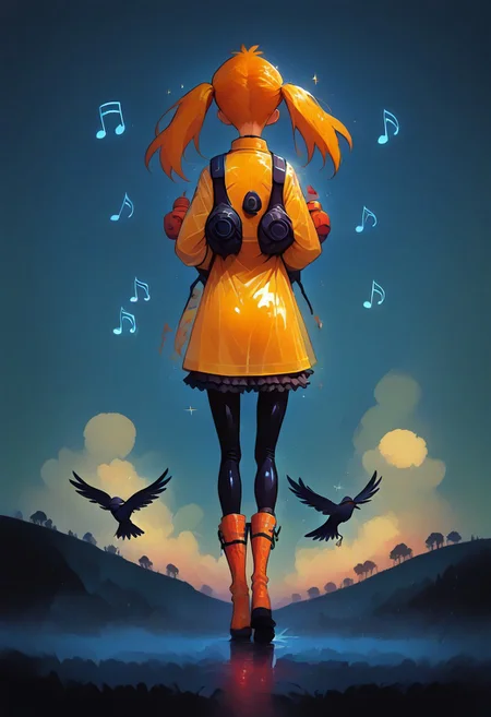 (masterpiece, best quality, high quality, good quality), 1girl, solo, petite, twintails, raincoat, backpack, frilled skirt, rubber boots, blue sky, walking, on cloud, happy, humming, musical note, rainbow, sparkle, sunlight, bird, full body, pastel colors, colorful
,FFAnime Style, orange peel sinozick style