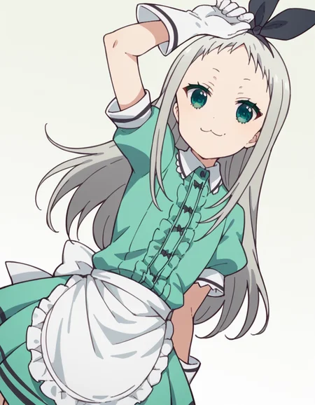 score_9, score_8_up, score_7_up, source_anime, <lora:hideri-kanzaki-s1-ponyxl-lora-nochekaiser:1>, hideri kanzaki, long hair, bow, green eyes, hair bow, grey hair, male focus, hairband, black hairband, otoko no ko, forehead,, gloves, dress, short sleeves, frills, puffy sleeves, white gloves, apron, puffy short sleeves, waist apron, white apron, frilled apron, waitress,, museum, art exhibit, paintings, observing, quiet contemplation, cultural experience, smile, looking at viewer, arm up, foot crossed over, hand clenched, solo,, cowboy shot, dutch angle