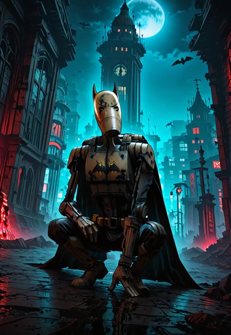 Masterpiece, absurdres, highest quality, highly detailed, newest, 8k, very aesthetic, 1boy, solo, closeup, b1bd, cl4nker, batman mask, batman cape, batman utility belt yelow batman symbol on chest, squatting on top of a gothic tower, gotham city background, skyscrapers, detailed background, night, gritty background, grimdark lighting, dynamic angle, dark_comic_fantasy_noir