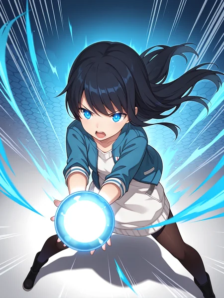masterpiece,best quality,newest,
1girl,solo,
<lora:k_mutsumi_ilxl_v1.0:1>,k_mutsumi,black hair,long hair,blue eyes,
k_a_s,blue,sweater dress,black_pantyhose,boots,
<lora:Fixhands_anime_bdsqlsz_V1:1>,dynamic_angle,cinematic_angle,glowing eyes,fighting_stance,fighting,(motion_blur:1.3),(motion line:1.2),(speed_lines:1.1),fighting_stance,aura effect,pov,front view,looking ahead,v-shaped eyebrows,honeycomb_background,white_background,simple_background,screaming,light ball,outstretched arms,floating hair,reaching,open_stance,standing,