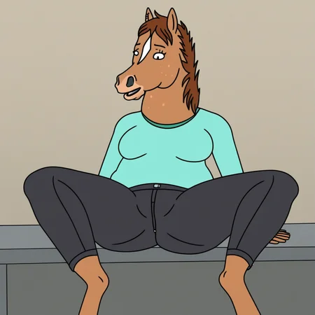Hollyhock, equine, horse, horse girl, Anthro, brown fur, pose, spread legs, pants,