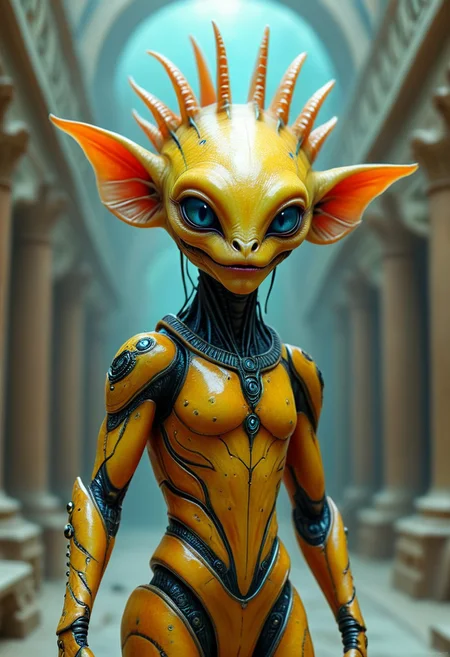 alien humanoid, alien creature, alien, masterpiece, best quality, realistic, very clear, otherworldly creatures, futuristic technology, extraterrestrial landscapes, sci-fi elements insane details, intricate details, beautifully color graded, professional, glowing, radiant, vivid, beautiful, rich, scenic palace, sci-fi fantasy art, cover art, alien humanoid, colored sclera, wearing a crown made of colorful coral, fish alien, fins, gills, smile, large eyes, alien god