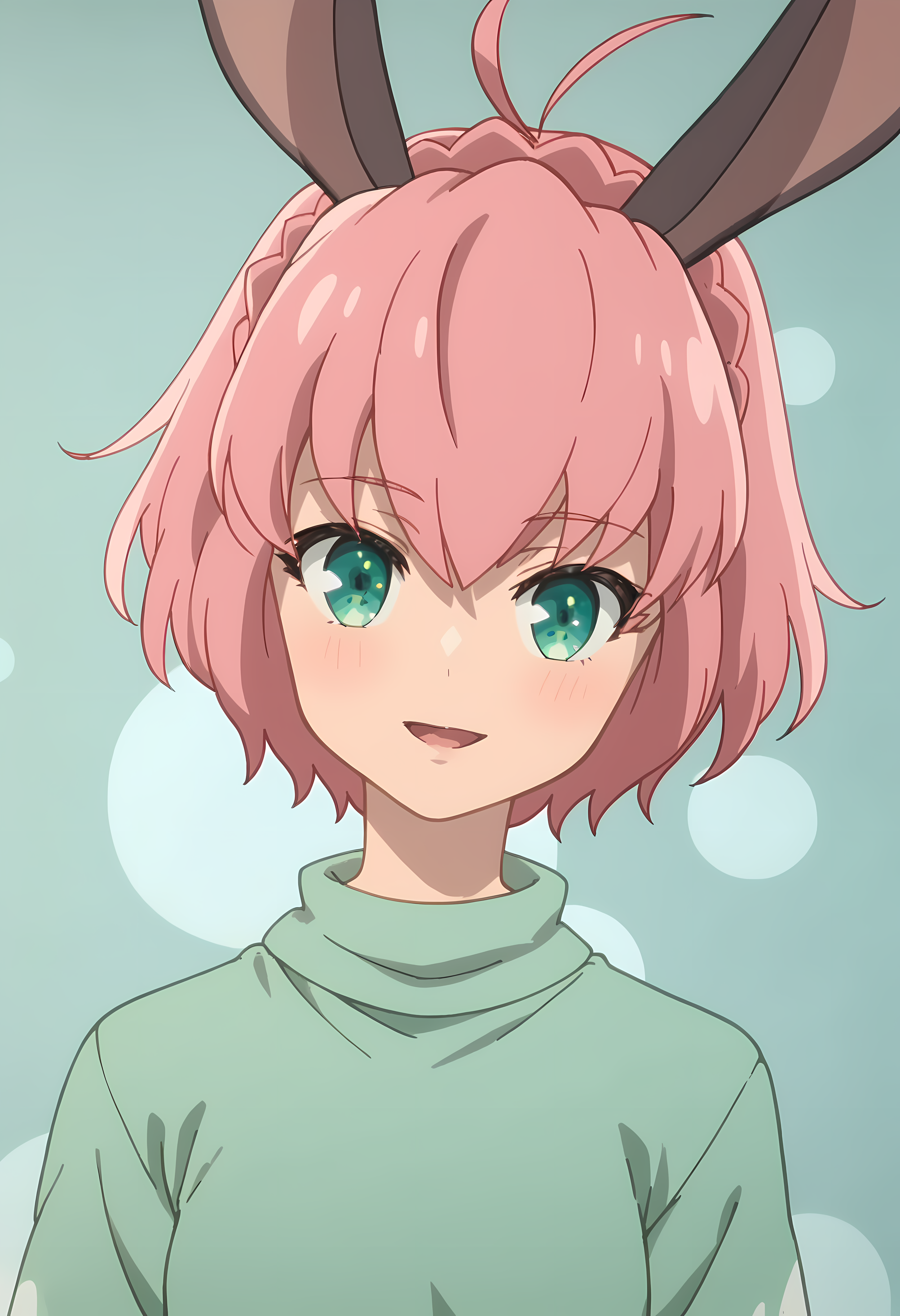 score_9, score_8_up, score_7_up, source_anime, 2d, Sylvie, 1girl, pink hair, short hair, green eyes, rabbit ears, anime coloring, anime screencap, detailed eyes, zPDXL, perfect faces, uncensored, rating_explicit <lora:sylvie_1-000045:1> , sweater, skirt,