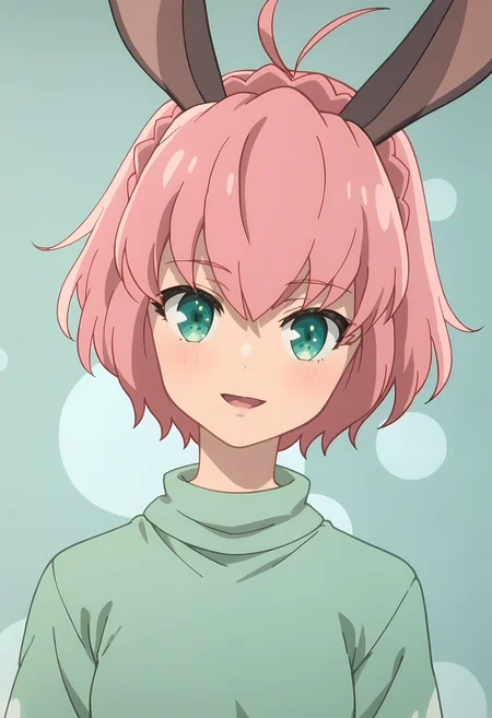 score_9, score_8_up, score_7_up, source_anime, 2d, Sylvie, 1girl, pink hair, short hair, green eyes, rabbit ears, anime coloring, anime screencap, detailed eyes, zPDXL, perfect faces, uncensored, rating_explicit <lora:sylvie_1-000045:1> , sweater, skirt,