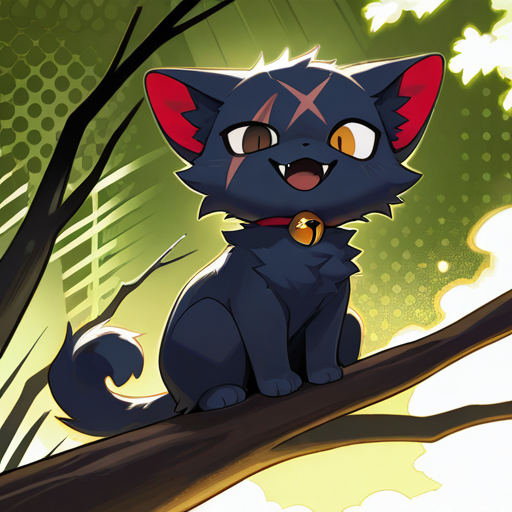 ramssa,
1boy, (calico cat, ((feral, feral male, male)), (quadruped), ((slightly chuuby)), (((blind eye, scar over blind eye))), moustache-like fur, tricolor, (brown fur), (dark blue fur), (light hazel fur), (color divided fur), (fur segmented), (face fur segmented:1.2), segmented ears fur), eyes light hazel, (chest light hazel), (light hazel paws), pawpads pink, irregular ringed tail, brown eyes, fuzzy fur, ((animal fur not hair)), (((small, short stature))), ((fangs:1.3)), 4 feet toes),  
neck_bell,looking_at_viewer,happy,waving_arms,sitting on branch,from_below,foot_focus,
masterpiece,best quality,amazing quality,very aesthetic,absurdres,newest,