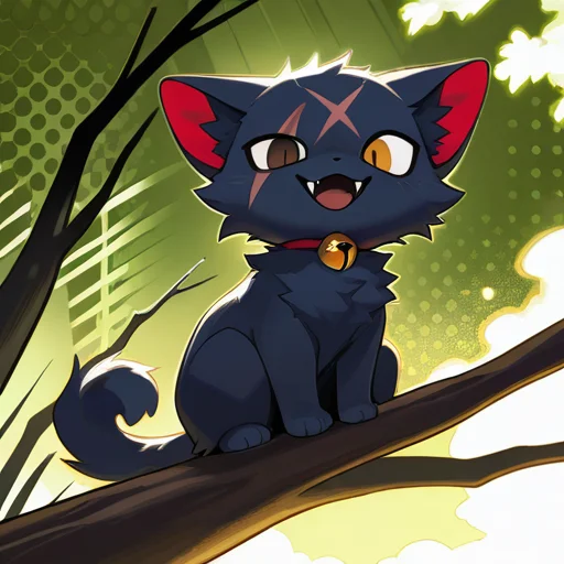 ramssa,
1boy, (calico cat, ((feral, feral male, male)), (quadruped), ((slightly chuuby)), (((blind eye, scar over blind eye))), moustache-like fur, tricolor, (brown fur), (dark blue fur), (light hazel fur), (color divided fur), (fur segmented), (face fur segmented:1.2), segmented ears fur), eyes light hazel, (chest light hazel), (light hazel paws), pawpads pink, irregular ringed tail, brown eyes, fuzzy fur, ((animal fur not hair)), (((small, short stature))), ((fangs:1.3)), 4 feet toes),  
neck_bell,looking_at_viewer,happy,waving_arms,sitting on branch,from_below,foot_focus,
masterpiece,best quality,amazing quality,very aesthetic,absurdres,newest,