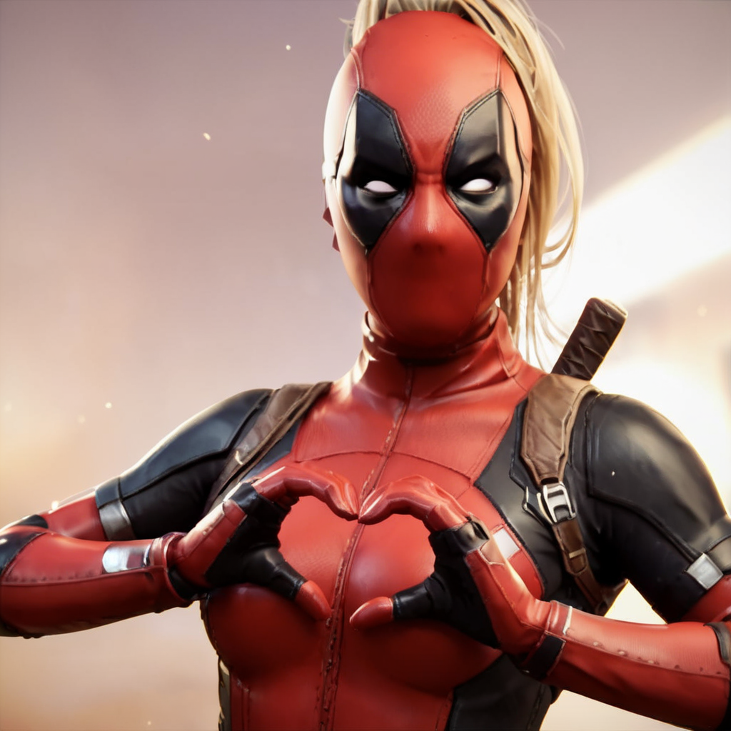 score_9, score_8_up, score_7_up, score_6_up, score_5_up, score_4_up, source_anime,  LadyDeadpool, bodysuit, no mouth, hand heart gesture
