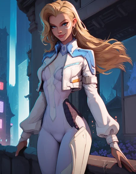 score_9, score_8_up,score_7_up, 1girl, (cowboy shot:1.2), dggrmr, blue eyes, facial mark, single earring, long hair, blonde hair, skinny body, narrow waist, long legs, bodysuit, cropped jacket, long sleeves, standing, light smile, looking at viewer, night,city, <lora:DaggerMR:0.7><lora:g0th1cPXL:0.55> <lora:add-detail-xl:1> <lora:Expressive_H:0.6> <lora:melkor_v1:0.2> <lora:incase-ilff-v3-4:0.25> <lora:FernandoPDXL:0.7> <lora:beautyb_pony_v1:0.7>