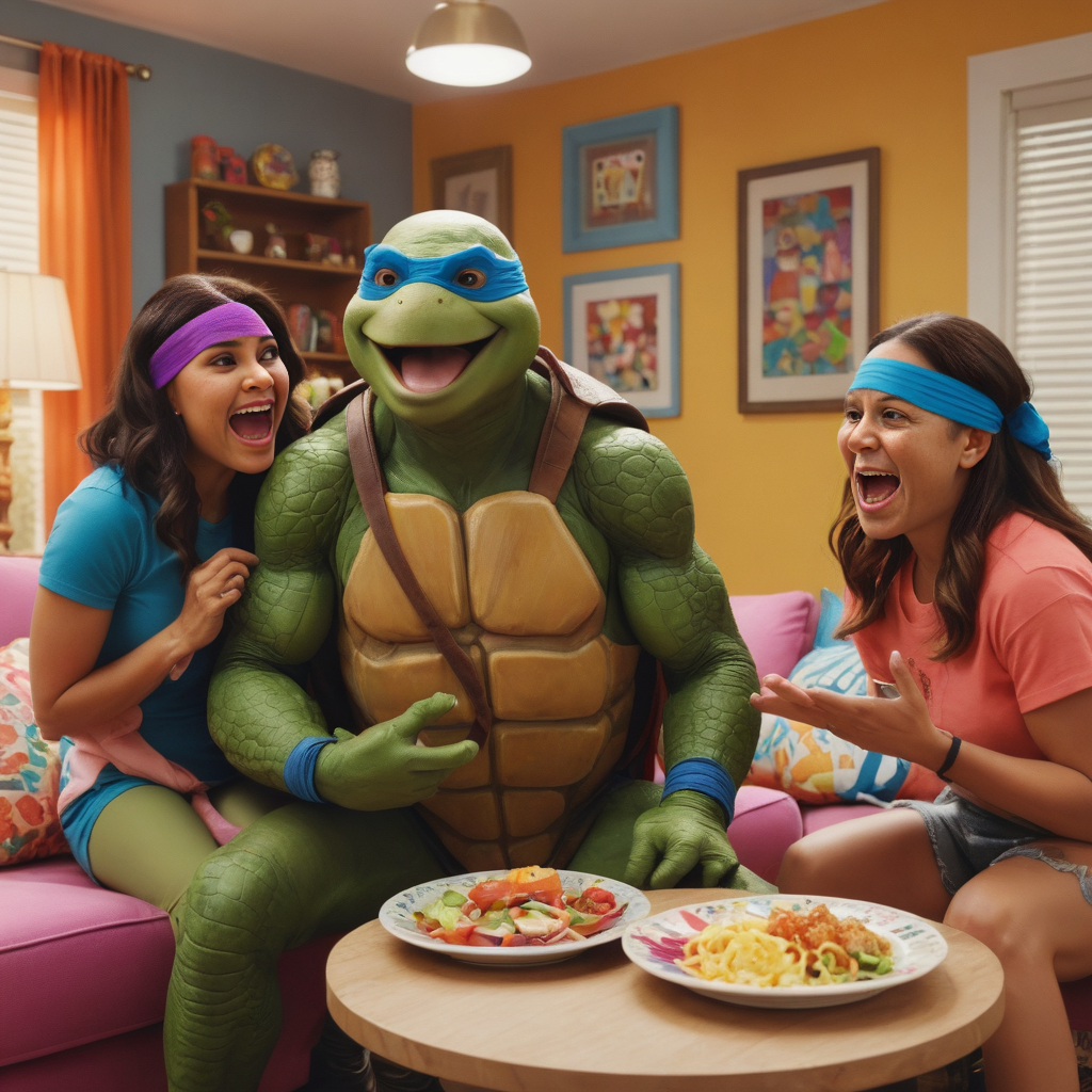 a highly color saturated vibrant screenshot of an episode of a sitcom starring a silly goofy mutant ninja turtle laughing in a colorful living room while a man and woman are carrying a plate of food