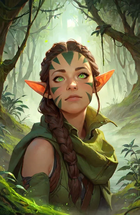 <lora:nissa_pny-9:0.8> nissa, portrait, 1girl, brown hair, braid, green eyes, pointy ears, facial mark, outdoors, forest, moss, roots, light particles, fog, source_cartoon, photoshop \(medium\),, score_9, score_8_up, score_7_up, score_6_up, score_5_up, score_4_up, ponypositive,