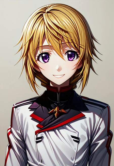 score 9, score 8 up, score 7 up,infinite stratos, charles dunois, tomboy, crossdressing, blonde hair, solo, 1girl, purple eyes, uniform, smile, belt, school uniform, upper body