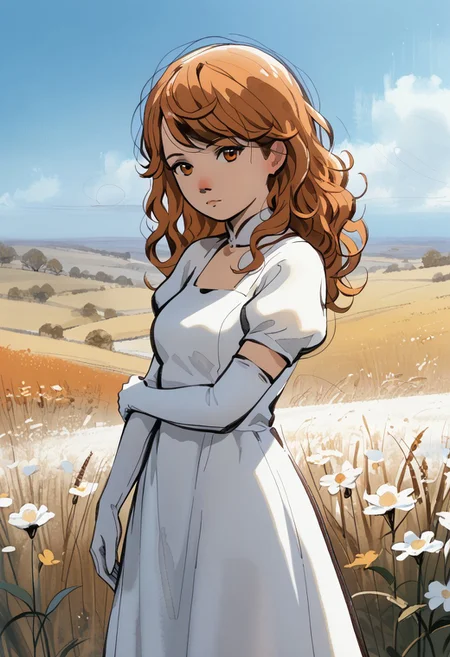TheBMFH, storybook-inspired backgrounds, watercolor and sketch hybrid art style, warm pastel color palette, soft gradients, whimsical, atmospheric storytelling, simplified yet expressive features, textured brushstrokes, organic brushstrokes, serene environments, contemplative environments, emotional connection
score_9, score_8_up, score_7_up, 1girl, solo, long hair, curly hair, wavy hair, orange hair, orange eyes, looking at viewer, breasts, dress, white dress, puffy sleeves, puffy short sleeves, short sleeves, gloves, elbow gloves, white gloves, cowboy shot, closed mouth, standing, outdoors, field, flower, grass, plant, sky