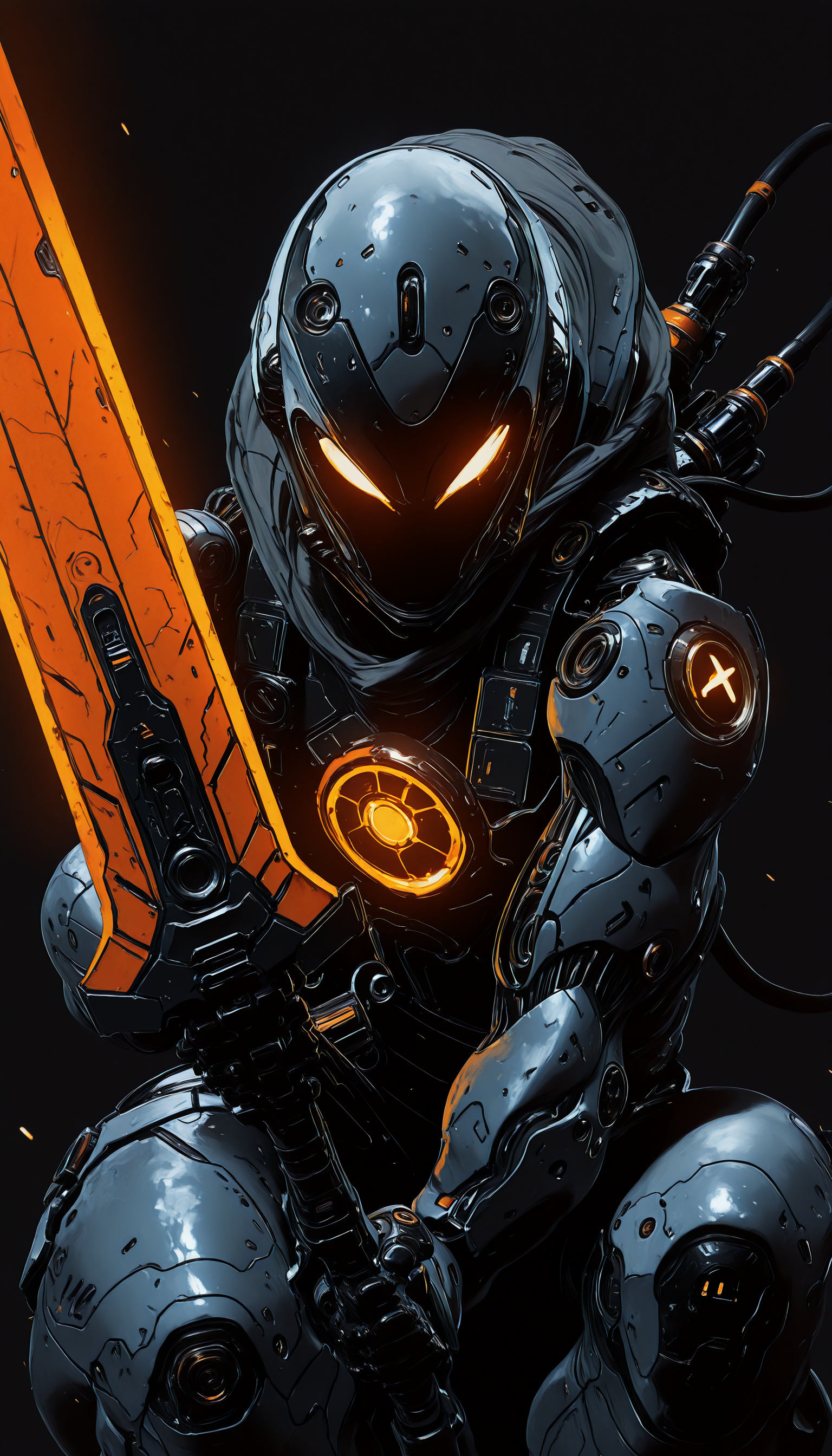 holding weapon, fighting stance, holding  buster sword,huge weapon,, WCG-Illu,, kaarea masterpiece, best quality, high quality, ultra-detailed, realistic,  traditional media, vivid_color, high contrast, speed lines, move_effects, action Create a detailed digital artwork of a futuristic robotic head. The style is realistic with a touch of sci-fi, evident from the intricate design and the glowing orange accents on the visor. The main subject is the head, which is predominantly white with hexagonal patterns and is adorned with various mechanical components, including gears, tubes, and other mechanical parts. The background is dark, which accentuates the robot's features and gives the image a mysterious and advanced feel. The color palette is dominated by shades of white, orange, and gray, with the orange accents providing a striking contrast. The overall mood of the image is one of sophistication and technological advancement. solo, simple_background, no_humans, glowing, black_background, portrait, robot, science_fiction, cable, mechanical_parts, humanoid_robot,    holding weapon, fighting stance, holding  buster sword,huge weapon,, WCG-Illu,, kaarea