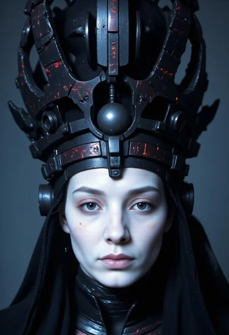 An ultra-close-up, hyper-realistic digital portrait of a ghostly, cybernetic Egyptian goddess, her face and crown filling the entire frame with oppressive, supernatural presence. Her skin is pale as bleached marble, almost corpse-like, stretched tightly over biomechanical perfection. Her expression is still and unreadable—lips barely parted in an uncanny, knowing smirk, eyes glowing dimly like ancient blue embers. She is beautiful in a way that feels fundamentally wrong.
But it is the crown that dominates the image—an enormous, terrifying structure rising like a collapsed star around her head, the very engine of her power. Made from jagged, layered obsidian plates laced with glowing fissures of deep red and sickly violet, it resembles a shattered solar disk reconstructed by alien hands. Its outer edges reach beyond the visible frame—too large, too intricate, too alive.
Across its surface crawl ghostly, etched glyphs that flicker faintly, as if written in code and memory. Segments of the crown rotate almost imperceptibly, locked in eternal orbit. At its core: a dark sphere levitates in silence, pulsing with slow, terrible light. It seems to watch the viewer back—not as a symbol, but as a will. Fine strands of shadowy metal stretch from the crown into the air like strands of forgotten thought or control.