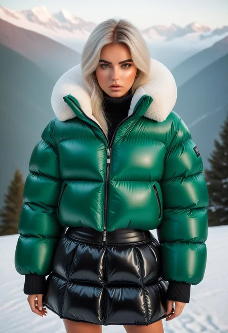 ((((sherpa puffer padded jacket)))), ((((sharpa puffer padded coat)))), ((((puffer skirt)))), ((((cowboy shot)))), ((((from back)))), standing, winter, snow, mountains, 1girl, solo, (masterpiece), (detailed face, detailed eyes), (beautiful detailed eyes:1.5), sidelighting, (super detail, hyper detail, intricate_details, detailed), looking at viewer, (semi realistic:1.6), very detailed face, (Blonde hair), (white hair), absurdly long hair, hair between eyes, (straight hair), (green eyes), put your hair behind your ears, eyelashs, eyeliner, (eye shadow:0.5), wet hair, sweat, white skin, Angry face, (blush), padded cuffs, padded collar, Thick padded cuffs, Thick padded collar, <lora:Collar-SDXL:0.6>, <lora:Cuffs-SDXL:0.6>, <lora:Puffer_Jacket_and_Down_Jacket_-_Extra_Puffy_Jackets:0.6>,  <lora:puffer_skirt_v1:0.6>