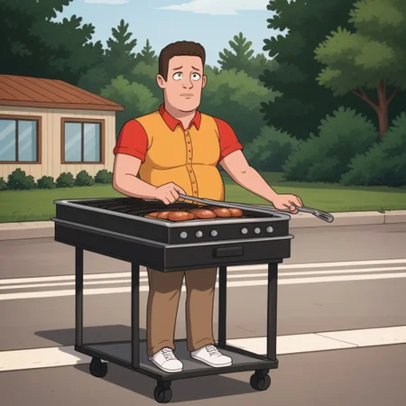 hank hill standing at a barbecue grill, outdoors on a sunny day, ((a giant propane molecule floats in the air)),