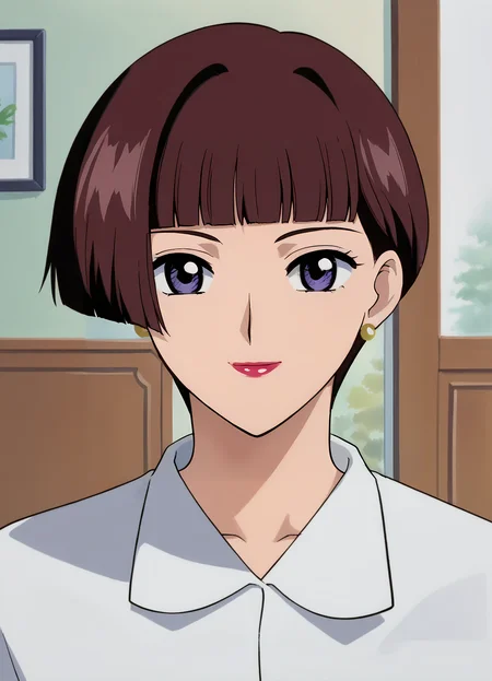 <lora:Sonomi_Daidouji-Cardcaptor_Sakura:0.8>,mm,mature female,1girl,solo,short hair,brown hair,purple eyes,bangs,lipstick,earrings,shirt,upper body,looking at viewer,smile,indoors