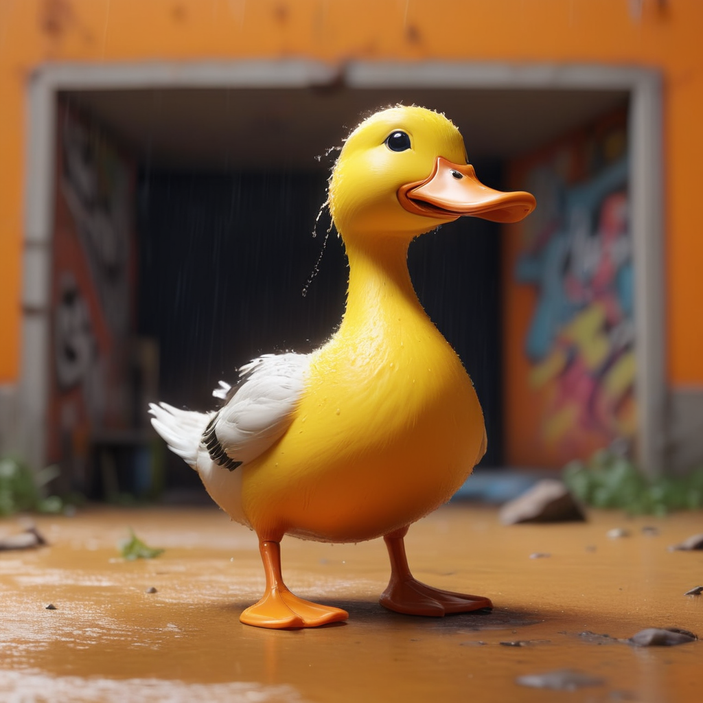 epic, (Duck:1.1) , it is Harsh, simple Orange and DayGlo yellow background, Thunderstorm, soft focus, Ultra Detailed, Hopeless, Heidelberg School, Direct light, Kodak Ektar, behance, Concept Art World, unreal engine, (graffiti art stylized by Banksy:0.8) , (Keith Haring:0.8) , Tim Okamura