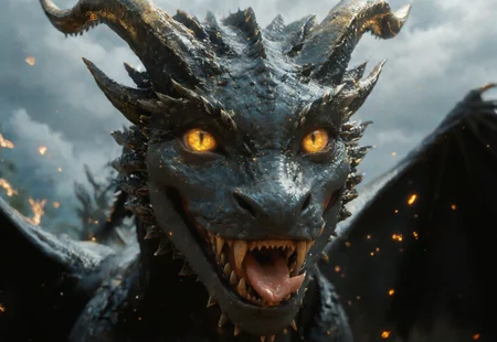 score_9, score_8_up, score_8_up, Expressiveh, masterpiece, raw quality, best quality, extremely detailed, stunning beautiful, high definition, HD, 4k, a realistic giant western dragon standing in a meadow, no human, black scales, black wings, golden horns, fangs, sharp teeth, golden eyes, slit eyes, mischievous smile, head raised, looking viewer, haughty look, swirling flame particles, night time, cloudy, front view, body marking, red marking, glowing, made of fire, hkmagic, close up, wide open mouth, licking lips, tongue out, throat, maw shot,