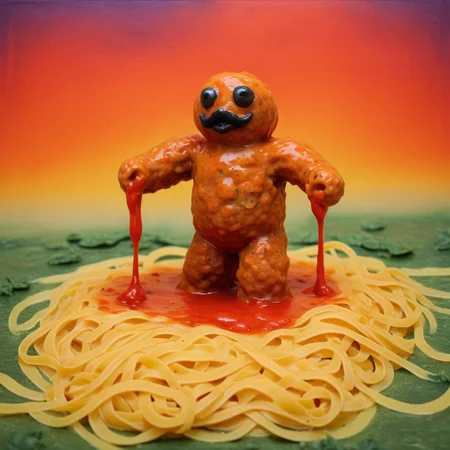 Fauvism, proud, xerus, a mysterious, foggy marsh made of pasta, sauce, meatballs, jumping, <lora:MMM_Pasta:0.8>