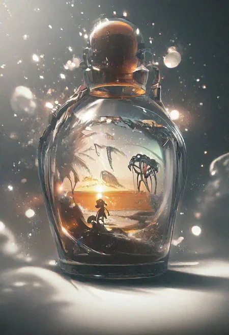 breathtaking vector cartoon illustration, shallow depth of field, bokeh, design of a beach contained in a bottle and a skeleton enjoying the view inside it in the afternoon, orange color tone award winning, highly detailed.