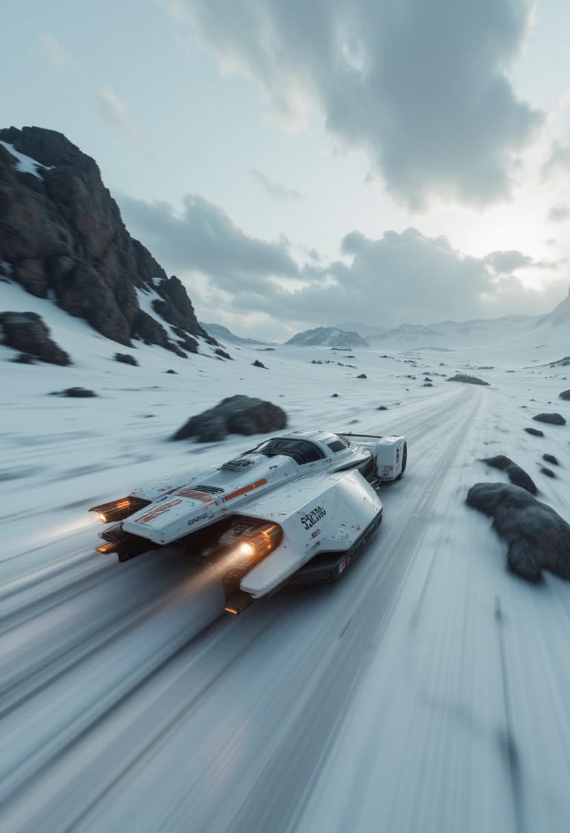 close up of a futuristic space ship passing by, with a simple Dieter Rams design, hovering across an epic Scandinavian scene of light snow and rocks, the feel of speed is extreme, motion blur, white and black colors with some orange accents, high depth of field, dramatic light, cinematic scene