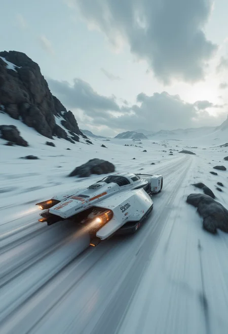 close up of a futuristic space ship passing by, with a simple Dieter Rams design, hovering across an epic Scandinavian scene of light snow and rocks, the feel of speed is extreme, motion blur, white and black colors with some orange accents, high depth of field, dramatic light, cinematic scene