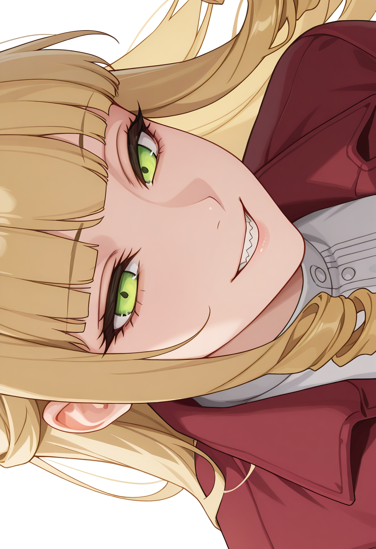 Smooth Quality,masterpiece,very intricate, high quality details, ultra realistic, high detailed skin,detailed enviorement,absurdres,
simple background, white background,
evil smile, sharp grin, narrowed eyes, ominous aura, slightly tilted head,,sideways,
smoking jacket,  ,baseball jacket,  ,cropped pants,  , <lora:Fiatoio_Annacnn:0.7> fannacnn, 1girl, blonde hair, green eyes, long hair, blunt bangs, sidelocks, drill hair, mary janes,