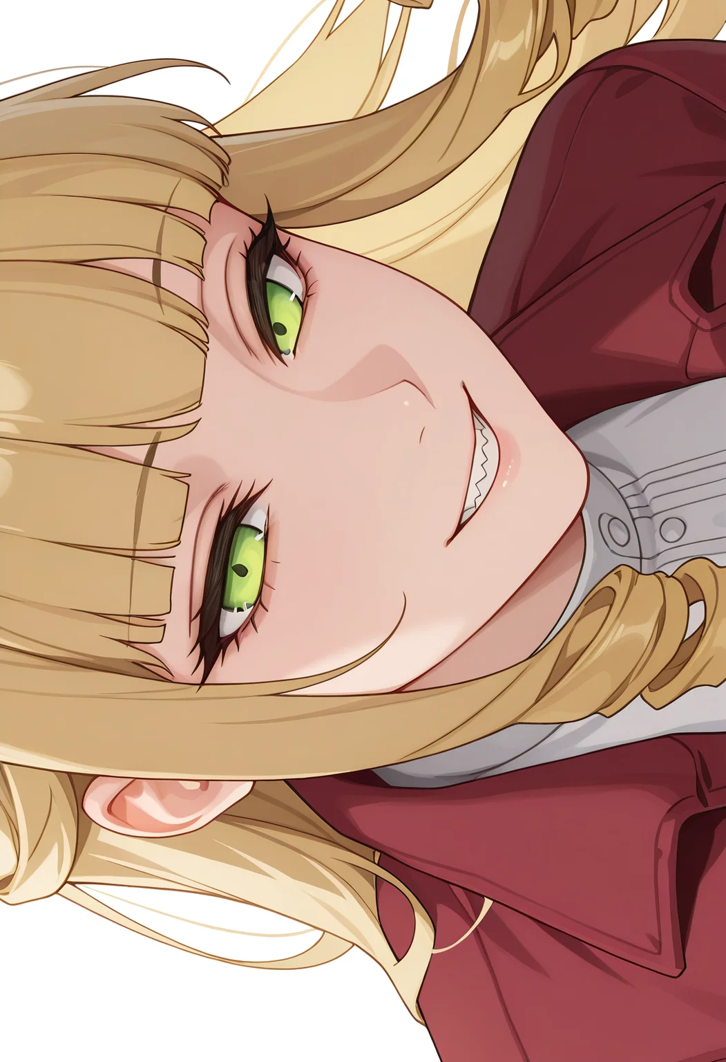 Smooth Quality,masterpiece,very intricate, high quality details, ultra realistic, high detailed skin,detailed enviorement,absurdres,
simple background, white background,
evil smile, sharp grin, narrowed eyes, ominous aura, slightly tilted head,,sideways,
smoking jacket, ,baseball jacket, ,cropped pants, , <lora:Fiatoio_Annacnn:0.7> fannacnn, 1girl, blonde hair, green eyes, long hair, blunt bangs, sidelocks, drill hair, mary janes,