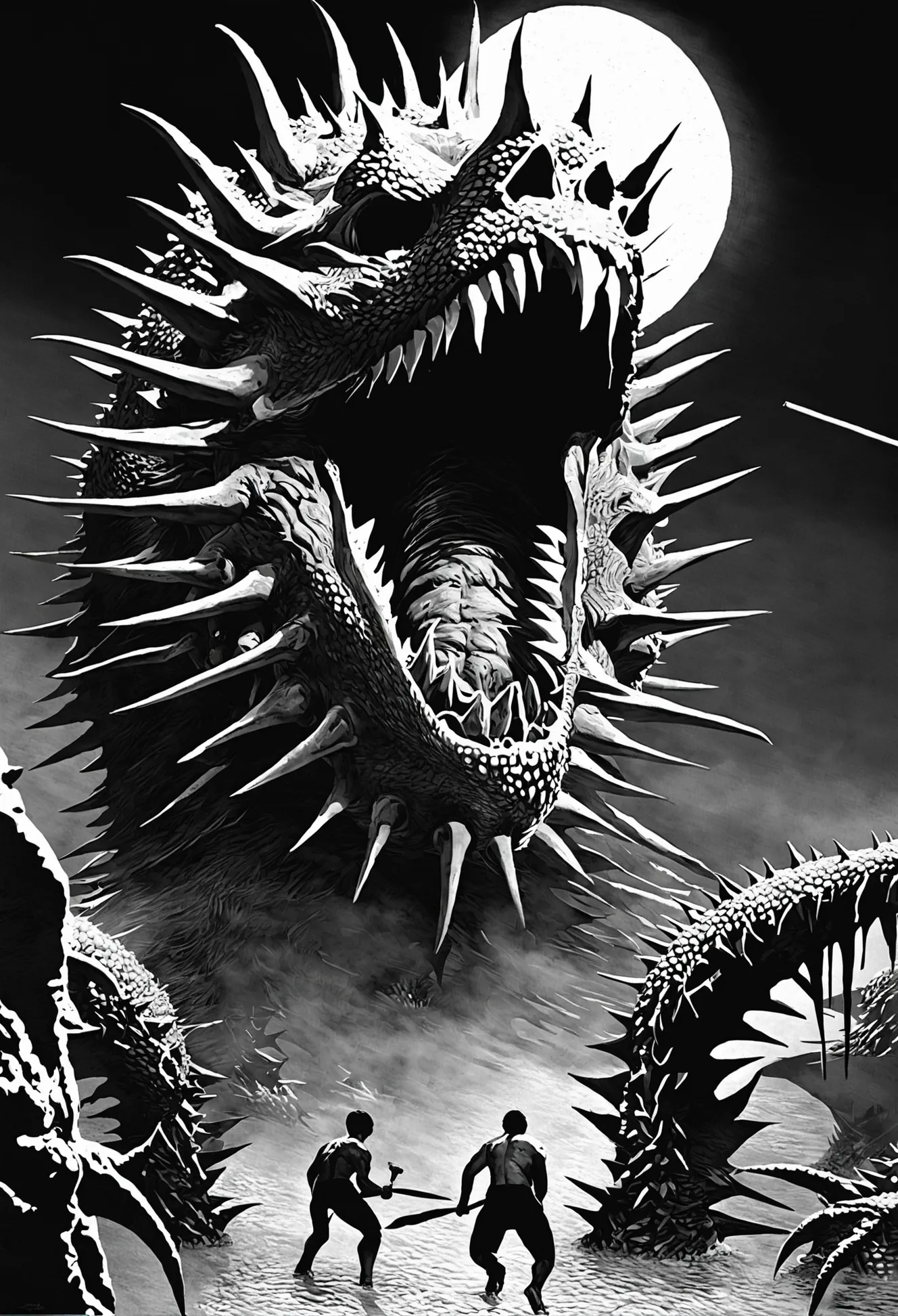 pulp horror, scary, pit of spikes,gaping maw<lora:EnvyPulpHorrorXL01:1:1:lbw=ALL>