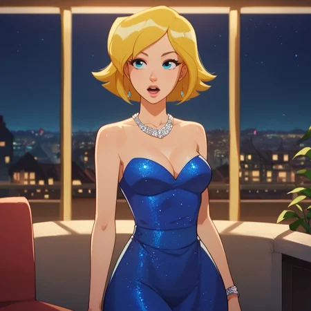 score_9, score_8_up, score_7_up, score_6_up, score_5_up, score_4_up, 1girl, blonde hair, blue eyes, short hair, medium breasts, narrow waist, wide hips, evening gown, jewelry, night, bare shoulders, highres, masterpiece, high quality, <lora:Clover_2024:1>