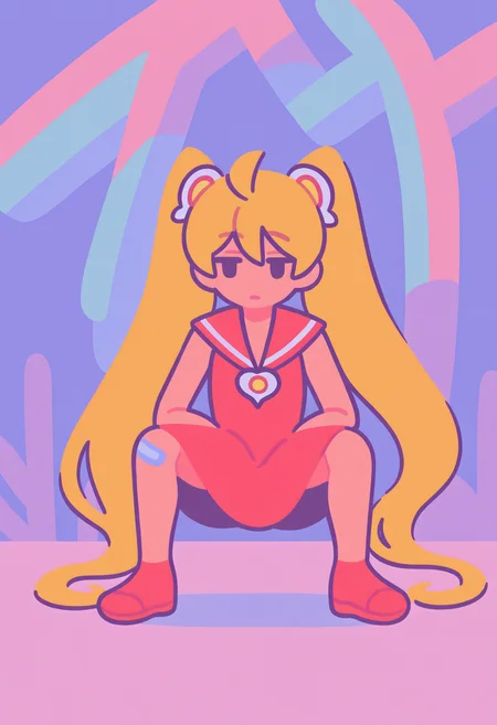 masterpiece, best quality, very aesthetic,
1girl, twintails, magical girl, red sailor outfit, colorful, graffiti, bored, slouching, squatting, legs apart, bandaid on knee,
<lora:MinimalistFlatColorXL_byKonan:0.6>