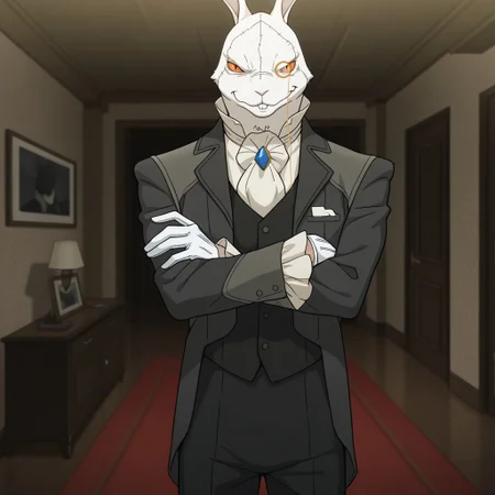 masterpiece, best quality, amazing quality, whit3r4bbit, male, humanoid, solo, rabbit mask, rabbit ears, orange sclera, slit pupils, buck teeth, stitches, monocle, black suit jacket, black vest, buttons, blue necklace, white cravat, white gloves, black pants, black shoes, standing, smirk, crossed arms, indoors, living room