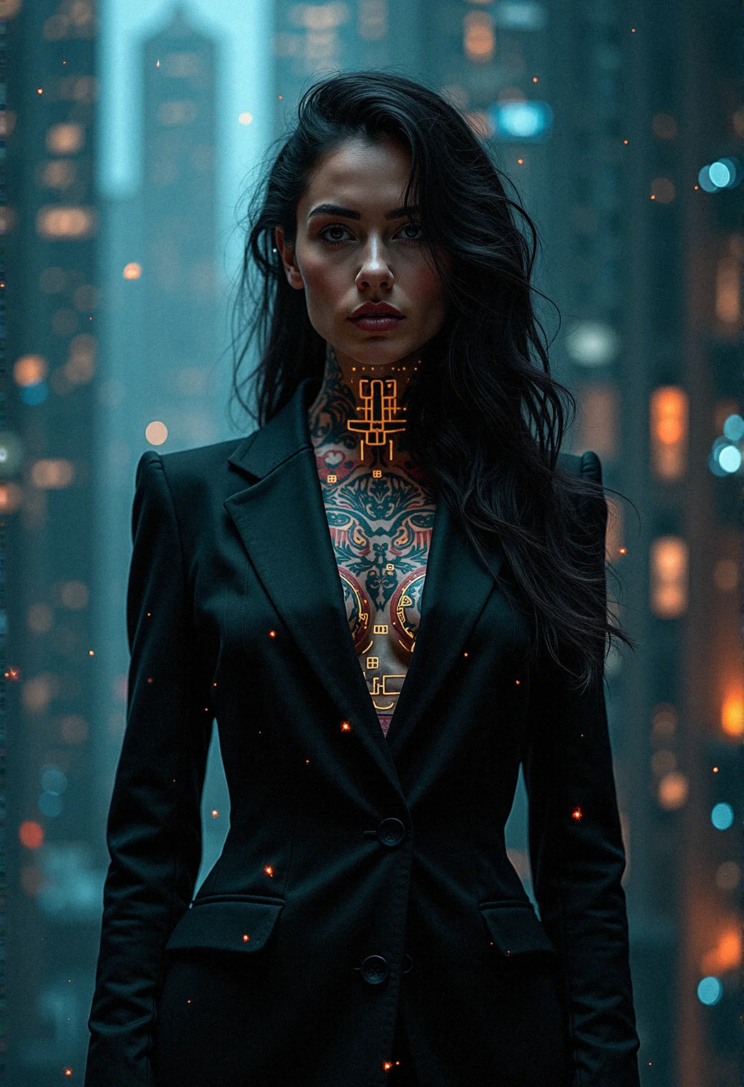 a photorealistic photography of a woman in a black suit with intricate tattoos glowing with digital patterns. Her form shifts between a solid, authoritative presence and a fragmented digital entity, the background a blend of high-tech cityscape and a data-infused matrix.