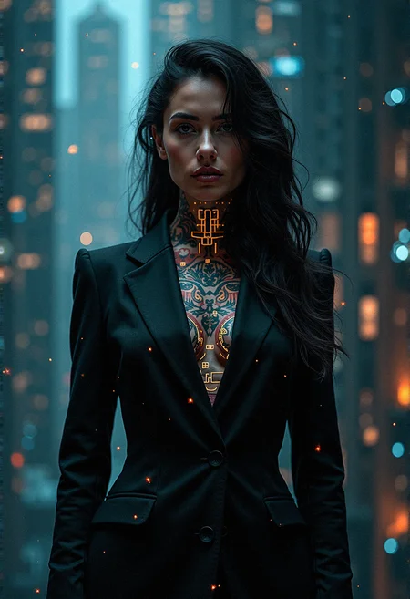 a photorealistic photography of a woman in a black suit with intricate tattoos glowing with digital patterns. Her form shifts between a solid, authoritative presence and a fragmented digital entity, the background a blend of high-tech cityscape and a data-infused matrix.