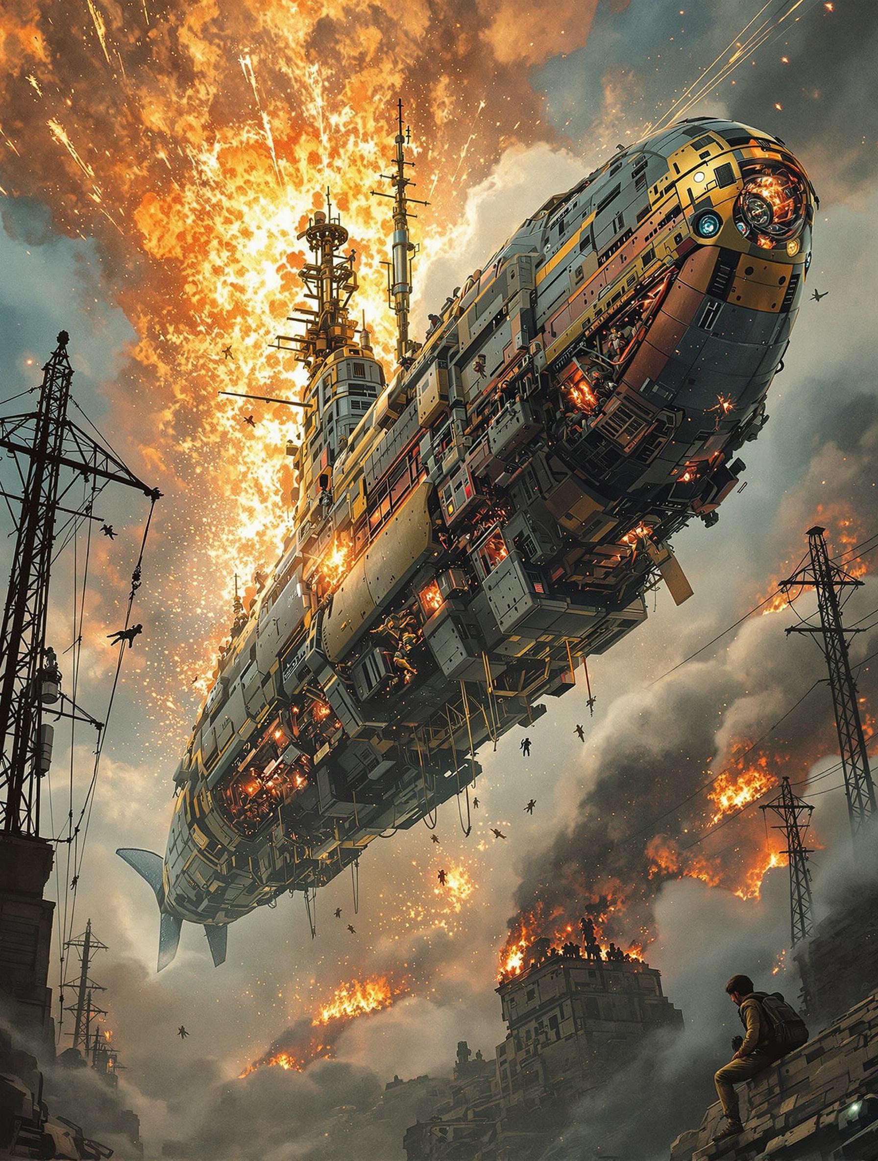 flying submarine destroyer,  explosive, fire and sparks, passengers falling, sparking power lines, billowing smoke, epic futuristic industrial, colorful, intricate details, ultra-sharp, hyper-detailed, chiaroscuro lighting