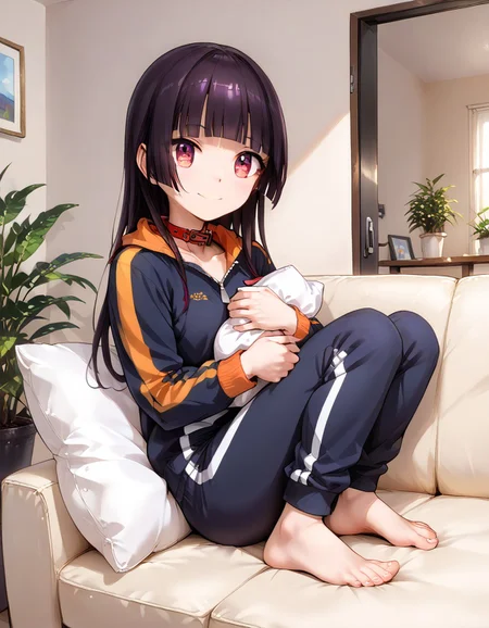 (score_9, score_8_up, score_7_up, highest score, best quality:1.2), embedding:zPDXL3, NEGATIVE_HANDS, hi-res. 8k, source_anime BREAK 1girl, flat chest, tiny tits, rory, red eyes, blunt bangs smile, bare feet, sitting BREAK black tracksuit (orange collar ,orange stripe running across sleeve), hugging a large pillow BREAK couch, potted plant, (indoors:1.3), sharp colors, perfect hands, perfect eyes, (detailed realistic background:1.3), (high quality:1.1), (ultra detailed:1.4), <lora:pony_good_hands:0.7>, <lora:add-detail-xl:1>, <lora:xl_more_art-full_v1:0.5>, embedding:civit_nsfw