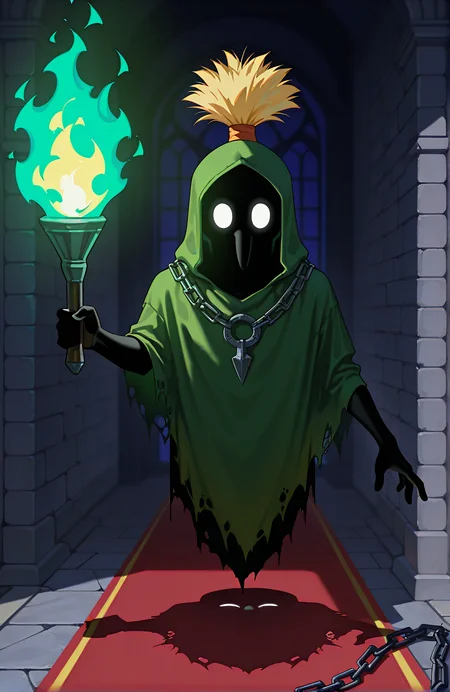 [STYLE & QUALITY::-1]
digital artwork, masterpiece, best quality, high res, very aesthetic, absurdres, artistic, dynamic perspective, amazing quality, vibrant colors, high resolution, absurdres, newest, <lora:Poe_Ocarina_of_Time_-000021:1>
[SUBJECT::-1]
LOZ_Poe, solo, lone figure, Amy_\(Poe\), Poe, ghost, spirit, glowing eyes, black skin, floating, white eyes, legless, big head, short torso, cropped torso, giant head, (skeletal hand:0.7), featureless face, pointed nose, (wide head:1.3), dwarf, stunted proportions, shadowed, ghostly figure, completely black skin, vantablack skin, pure black skin, eyed silhouette, no_legs, shadow skin
[ACTIONS & POSE::-1]
[CLOTHES::-1]
tattered robes, tall long face, narrow face, green robe, green hood, blonde topknot, face obscured by shadow, creepy, tattered clothes, chain
holding torch, torch, green flame, holding
[BACKGROUND::-1]
dark temple, stone walls, red carpet