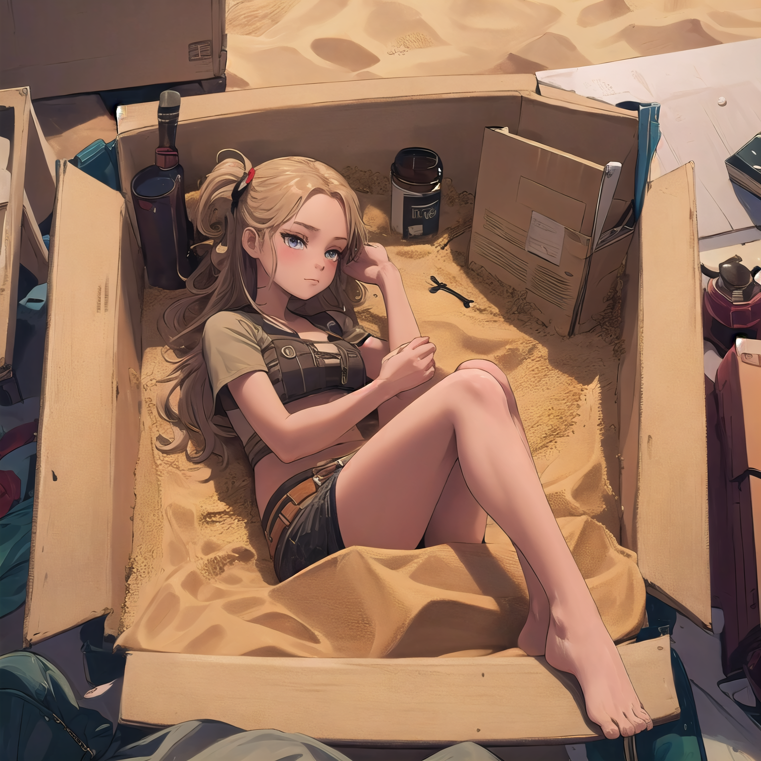 masterpiece, hires,high resolution, best quality,  <lora:insidebox:1> , insidebox, boxrelaxed,  in container, box filled with sand