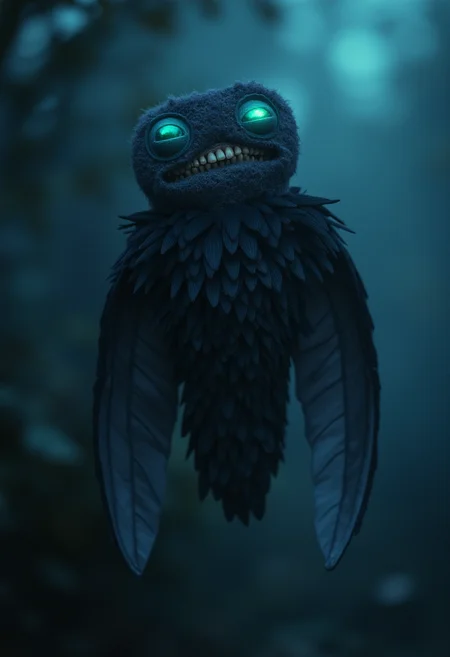 fugglers, on a planet where the night never ends, the camera reveals an alien creature that thrives in darkness. Its eyes glow with a bioluminescent light, casting eerie shadows across its feathered, winged body. The era is one of eternal twilight, a world of predators and prey. The mood is tense, as the creature hunts silently, a master of the dark. The style is gothic horror, emphasizing the alien's predatory elegance and the haunting beauty of its nocturnal domain.