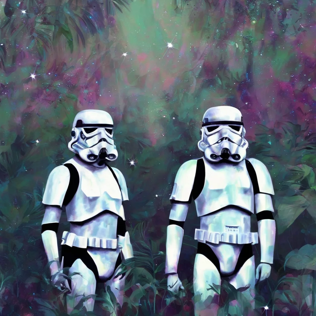 <lora:SDXL_Glittery_Portraits_Sa_May_V5:1> Glittery portrait , STAR WARS stormtroopers in jungle