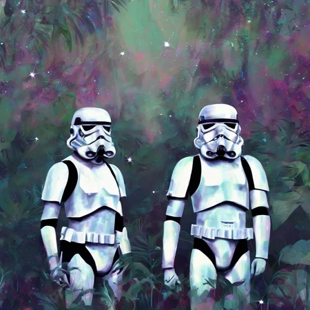 <lora:SDXL_Glittery_Portraits_Sa_May_V5:1> Glittery portrait , STAR WARS stormtroopers in jungle