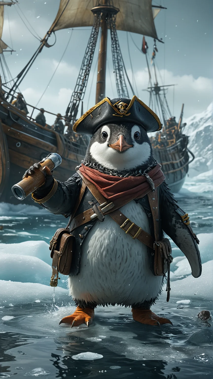 A penguin in a pirate outfit, leading a ship of penguin pirates through icy waters, shouting commands and looking through a telescope. (masterpiece, award winning artwork)
many details, extreme detailed, full of details,
Wide range of colors, high Dynamic
 <lora:add-detail-xl:1>
 <lora:WildcardX-XL-Detail-Enhancer:1>
<lora:MJ52:0.375>
 <lora:CinematicStyle_v1:0.42>