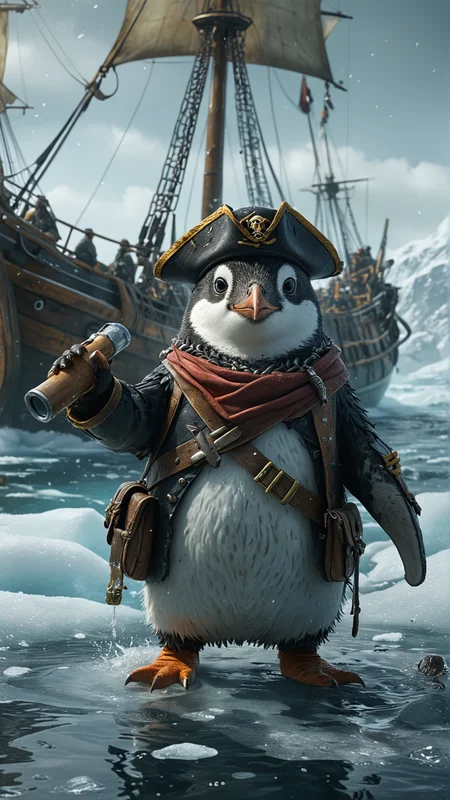 A penguin in a pirate outfit, leading a ship of penguin pirates through icy waters, shouting commands and looking through a telescope. (masterpiece, award winning artwork)
many details, extreme detailed, full of details,
Wide range of colors, high Dynamic
<lora:add-detail-xl:1>
<lora:WildcardX-XL-Detail-Enhancer:1>
<lora:MJ52:0.375>
<lora:CinematicStyle_v1:0.42>